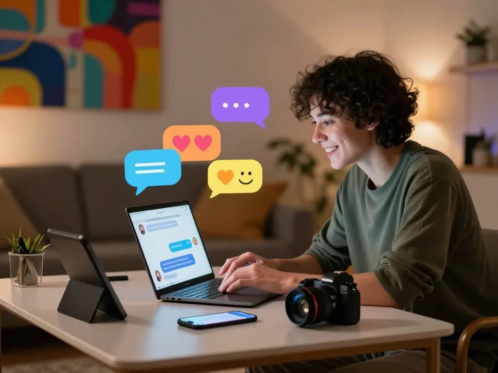 Engaging in lively sexchat on a laptop in a cozy, inviting environment.