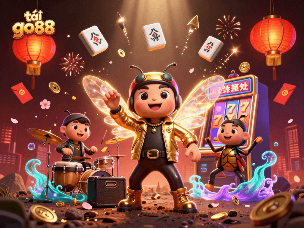 Engage with the vibrant artistic depiction of tải go88 featuring an electric rock star scene with dynamic slot and casino elements.