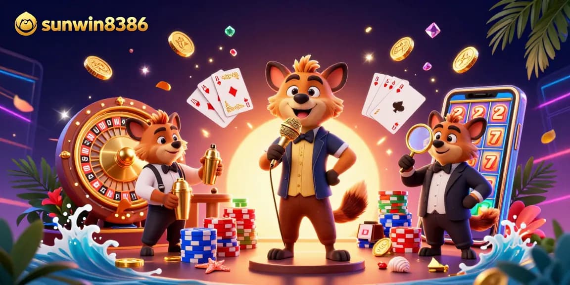 Experience fun at sunwin8386 with a comedic hyena casino club scene featuring games and vibrant elements.