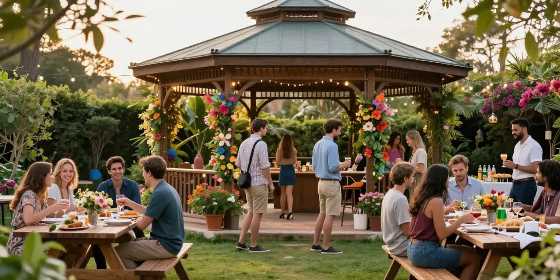Stunning gazebo at a joyful garden party where friends enjoy drinks and laughter under stylish shelter from https://www.gazebohirelondon.co.uk/.