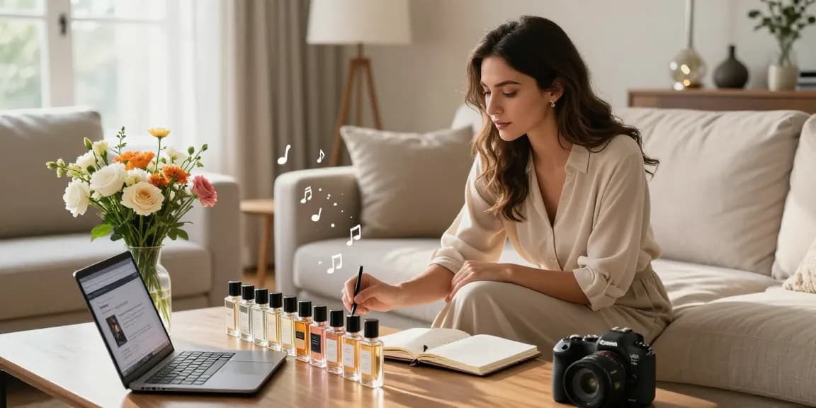 Fragrance reviews in a modern living room with perfume samples, notes being taken, and a bright ambience for Perfume Reviews.