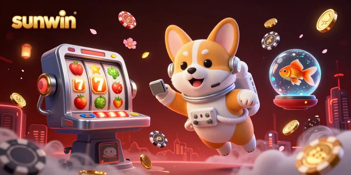Join the fun at sunwin as a corgi explores a vibrant casino in zero gravity with slot reels!