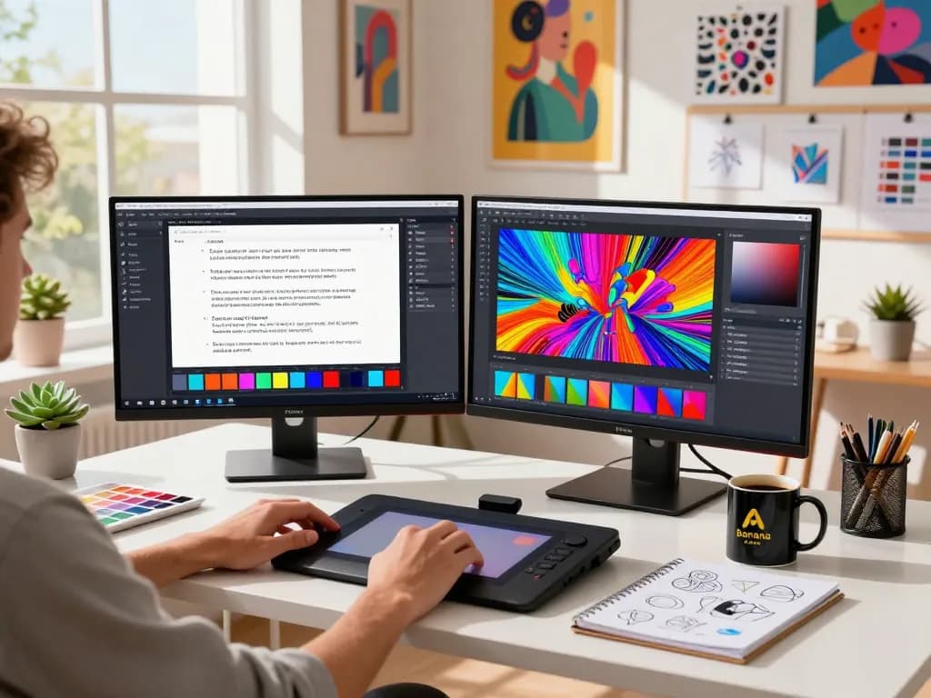 Designer using nano banana ai for creative image editing in a bright studio.