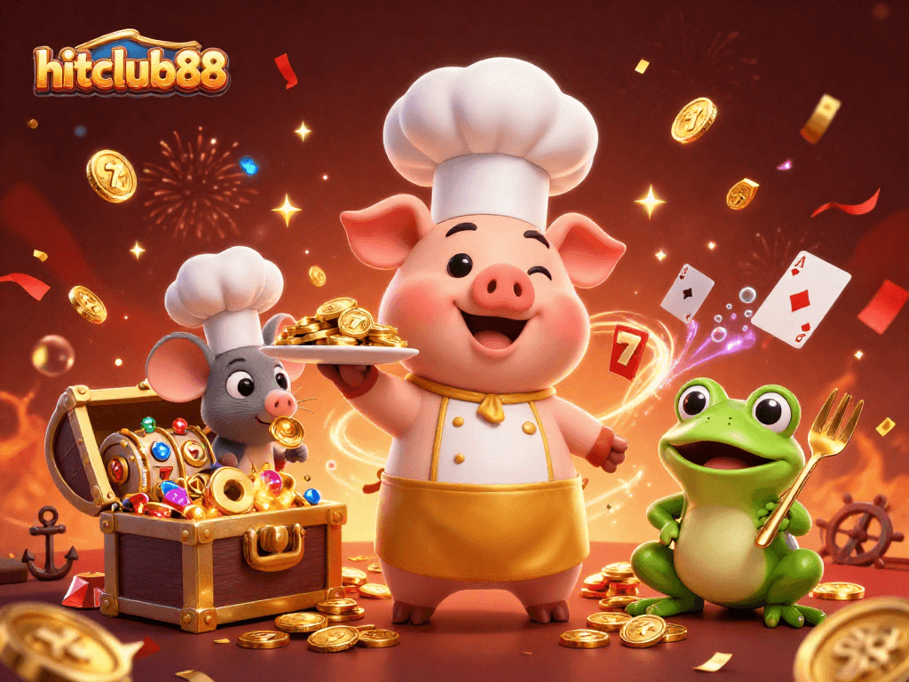 Experience the excitement of hitclub88 with a vibrant 3D casino scene featuring characters and slot reels