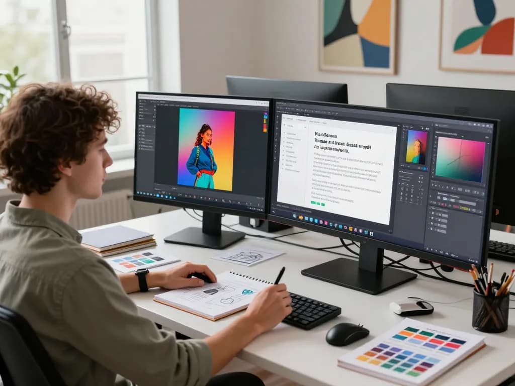 Designer utilizing nano banana flash AI tools in a vibrant tech workspace