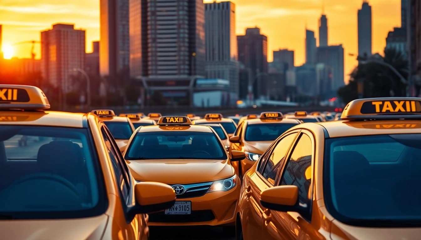Taxis driving through a vibrant city street showcasing urban life.
