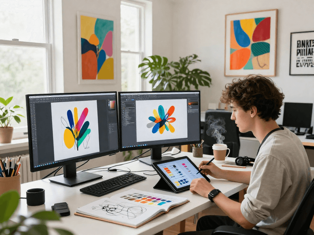 Artist collaborating with 18+ ai tools in a modern studio, vibrant art and creative process.