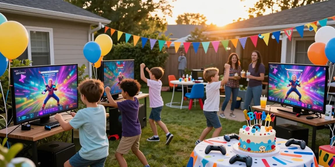 Boys birthday party featuring gaming stations, cake, and joyful children celebrating.