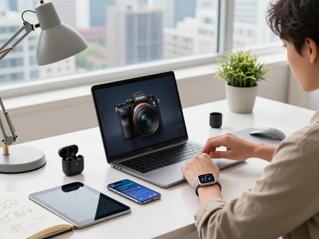 Engaging workspace showcasing innovative tech gadgets, including a laptop and smartphone, emphasizing modern technology in a bright office.