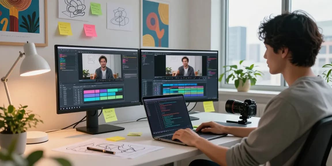 Designer generating video to prompt at a creative workspace, featuring multiple monitors and colorful notes.