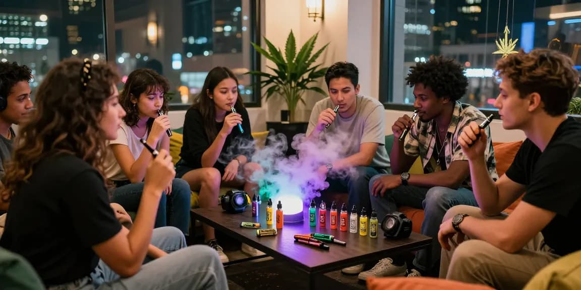 Friends enjoying THC vape pens in a vibrant cannabis lounge, sharing flavors and laughs.