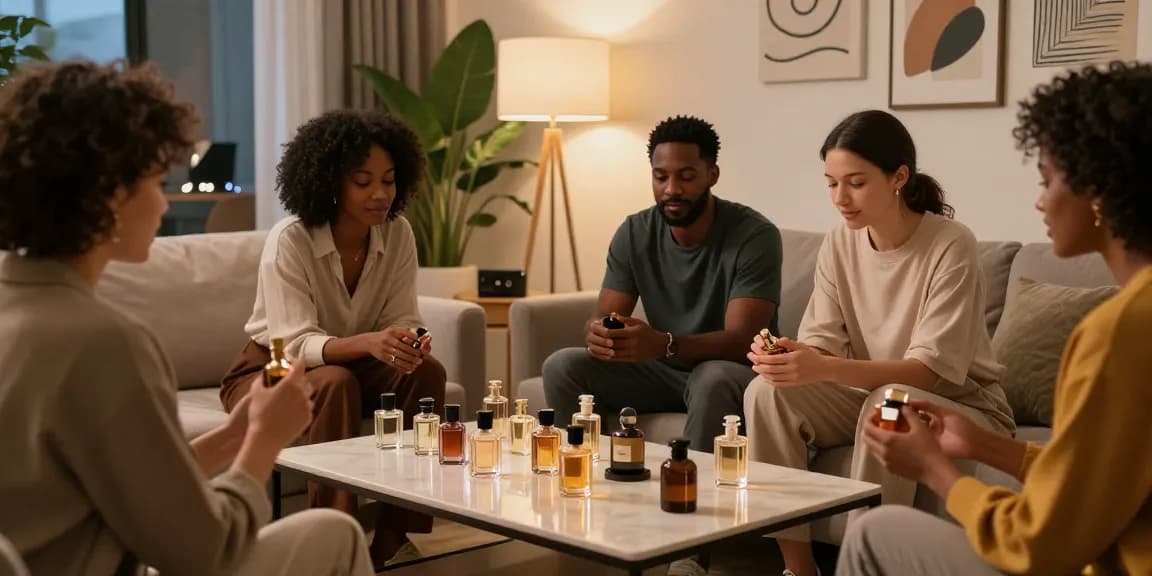 Friends sharing unisex perfumes in a stylish living room setting.