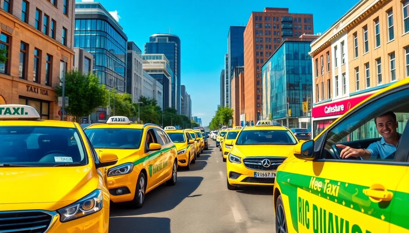 Woking taxi service showcasing modern vehicles in a vibrant city landscape.