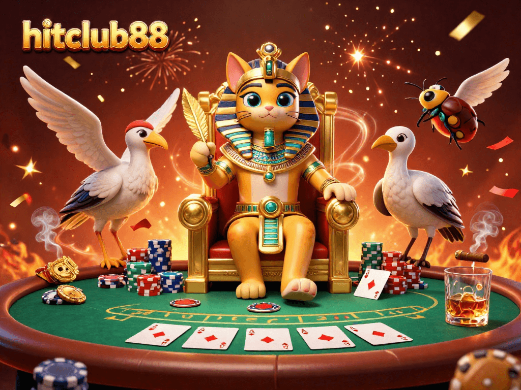 Experience the thrill of hitclub88 with a dynamic 3D casino scene featuring an Egyptian pharaoh cat and poker elements.