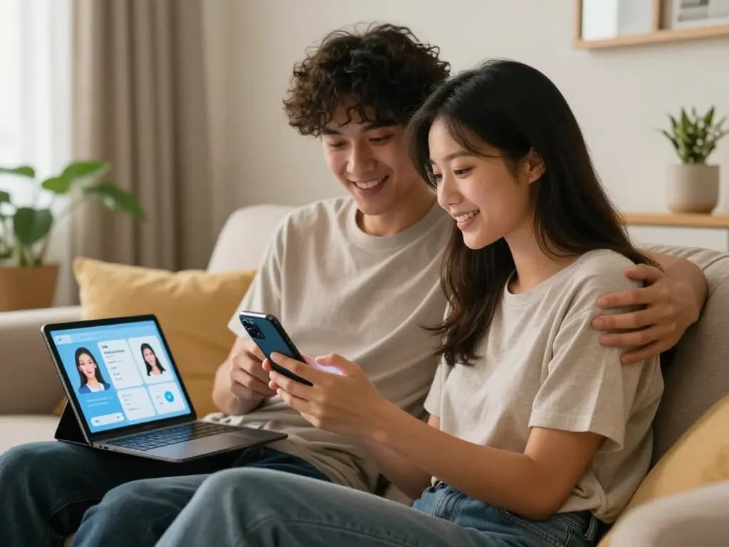 Young woman interacting with her AI girlfriend on a smartphone in a cozy home environment.
