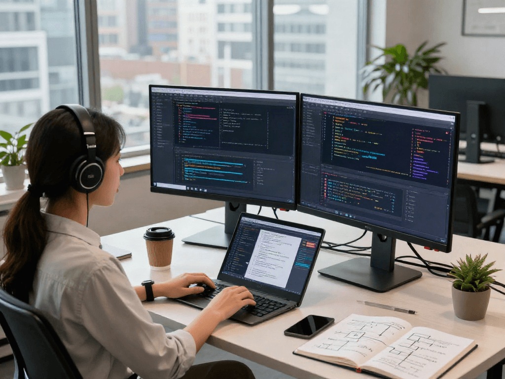 Juicy AI developer working on advanced coding and algorithms in a modern office.