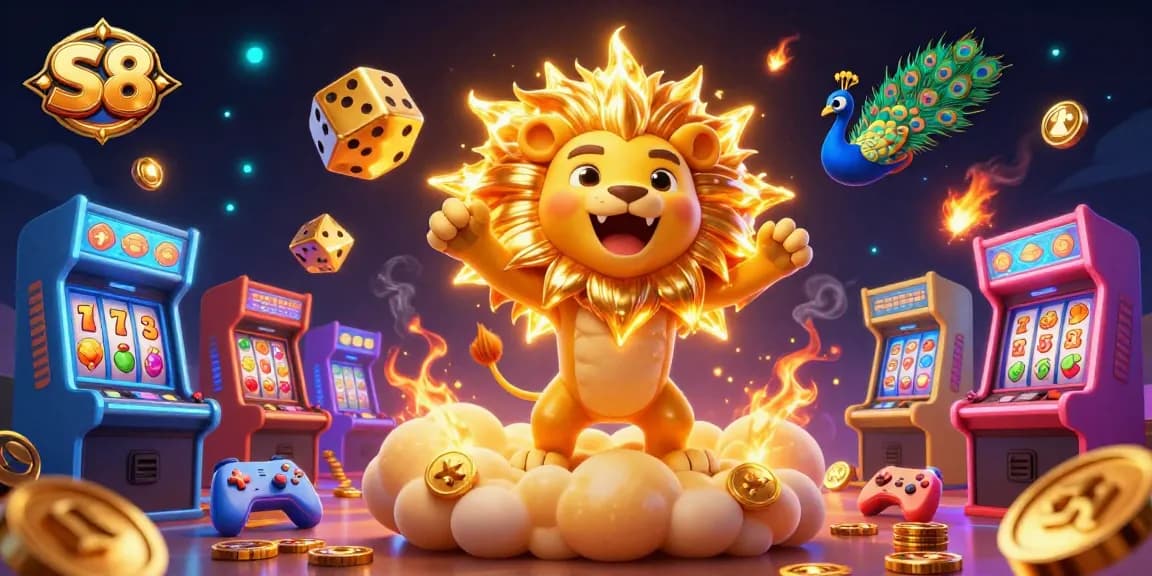 S8 gaming scene featuring a lion and golden dice amidst dynamic slot visuals in a vibrant casino.