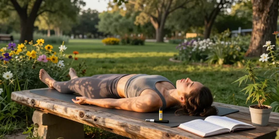 Discover thc vape uk for natural wellness; THC vape pen beside a yoga mat in a serene park setting, promoting relaxation.