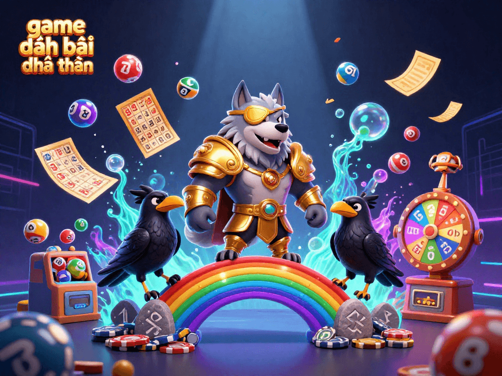 Engage in thrilling game đánh bài đổi thưởng featuring dynamic lottery balls and vibrant casino elements.
