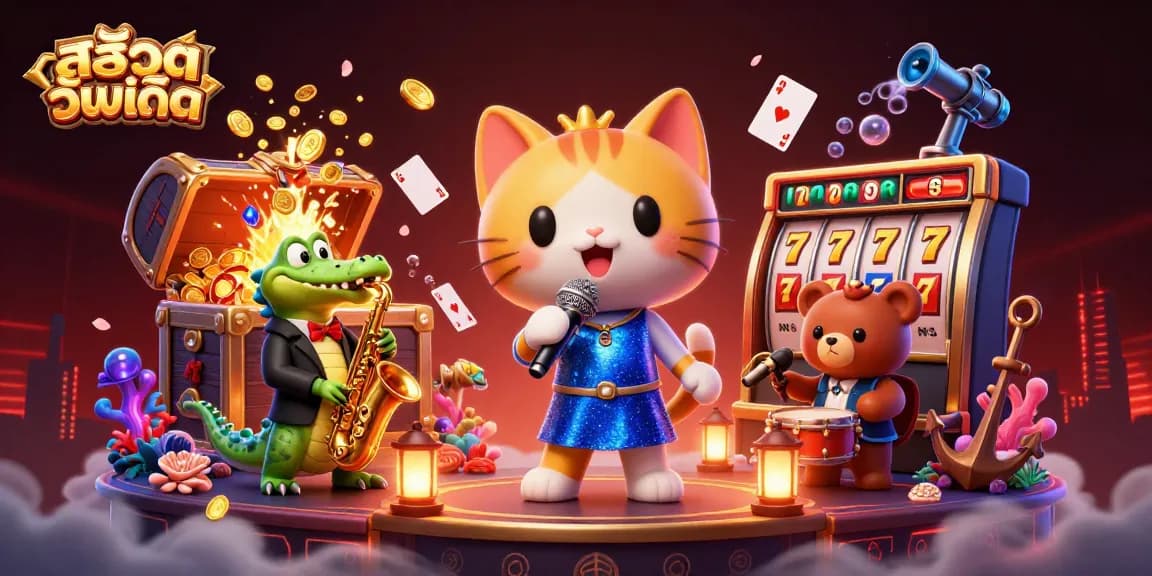 Experience สล็อตอัพเดท in an enchanting 3D casino scene filled with excitement and vibrant characters.