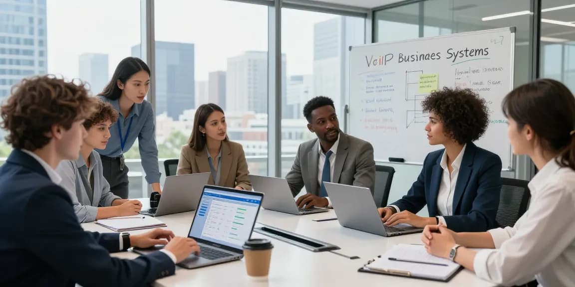 A diverse team collaborating on VoIP business phone systems in a modern office, showcasing teamwork and technology.