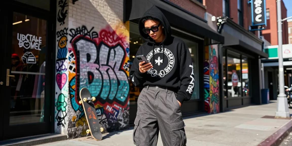 Stylish person showcasing a Chrome Hearts hoodie in an urban street setting with trendy accessories.