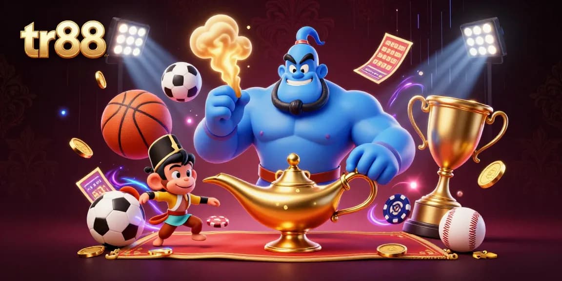 Experience the thrill of tr88 with a 3D scene featuring a muscular genie and vibrant casino elements.