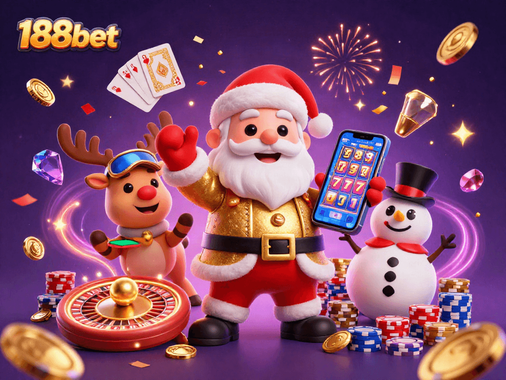 Experience winning at 188bet with Santa Claus, reindeer, and snowman celebrating in a casino