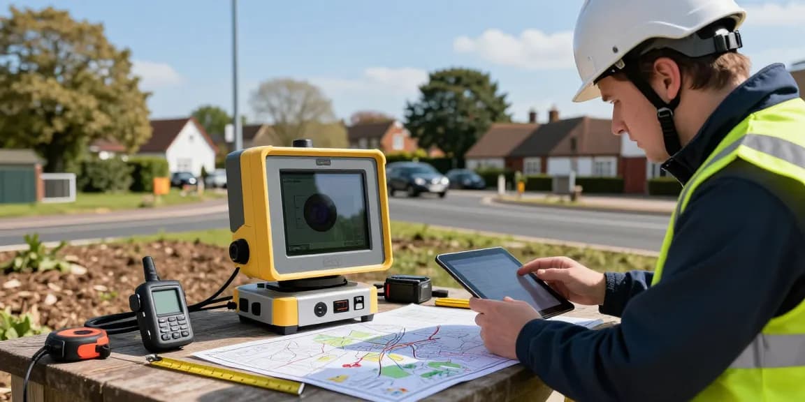 Surveyor using GPR Utility Surveys PAS128 Berkshire for underground mapping in suburban setting