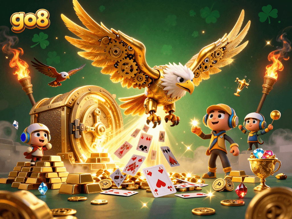 Experience go8's thrilling gameplay with a 3D golden eagle diving into a treasure trove of gems and coins.