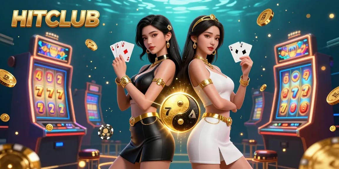 Experience thrilling play at HITCLUB with twin Asian women showcasing their casino skills in a vibrant scene.