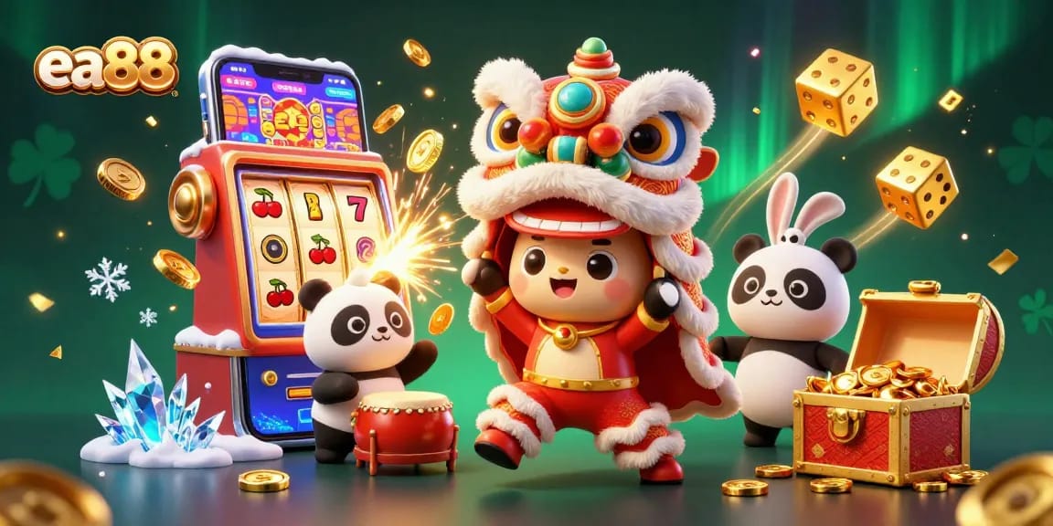 Experience the excitement of ea88 in a vibrant casino scene filled with jackpots and festive characters.