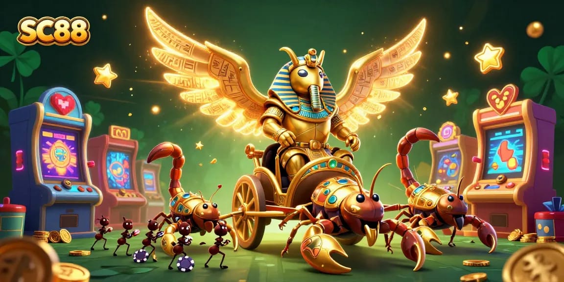 Engage with the vibrant SC88 slots scene featuring a colossal golden scarab and neon game elements.