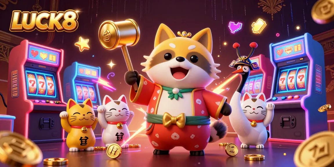 Experience LUCK8 with cheerful tanuki, crane, and waving fortune cats amidst vibrant casino elements.