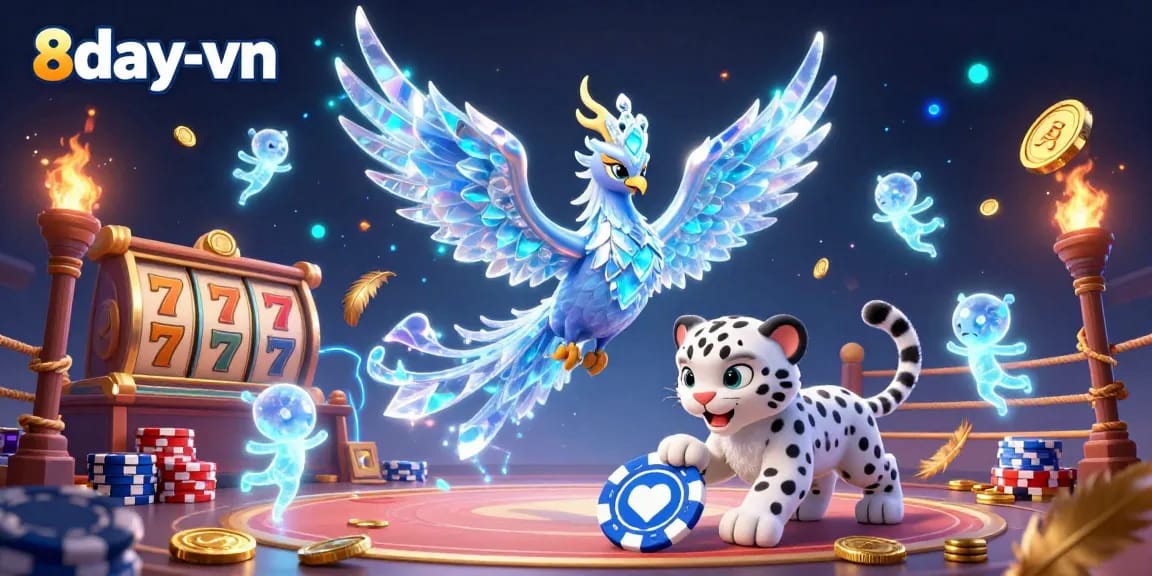 Experience the excitement of 8day-vn's vibrant casino scene with a phoenix and playful snow leopard.