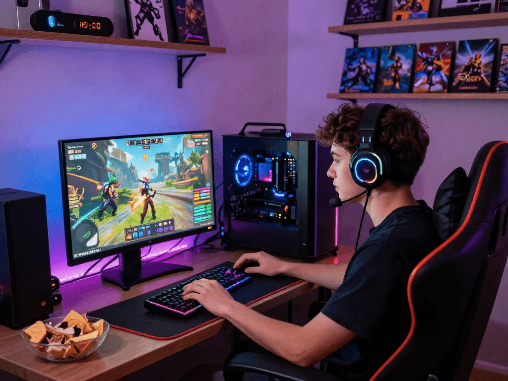 Engaged gamer playing porngames on a high-end setup in a cozy room, showcasing vibrant gaming elements.