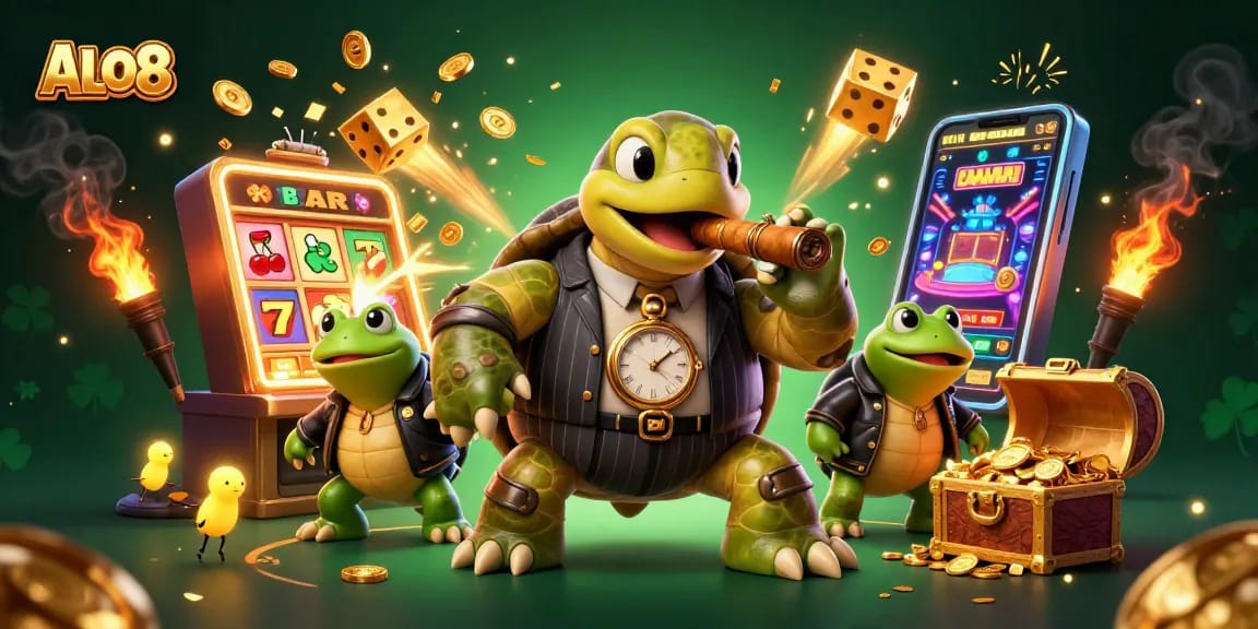 Spin and win at ALO8 with a vibrant 3D gaming scene filled with exciting slots and casino elements.