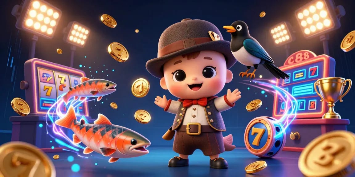 Experience the thrill of LC88 with playful characters and vibrant casino elements in this dynamic 3D illustration.