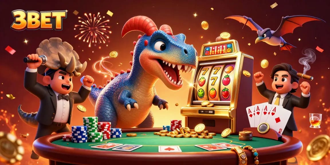 3BET cartoon pachycephalosaurus wins jackpot, while pteranodon catches flying coins in an energetic casino scene.