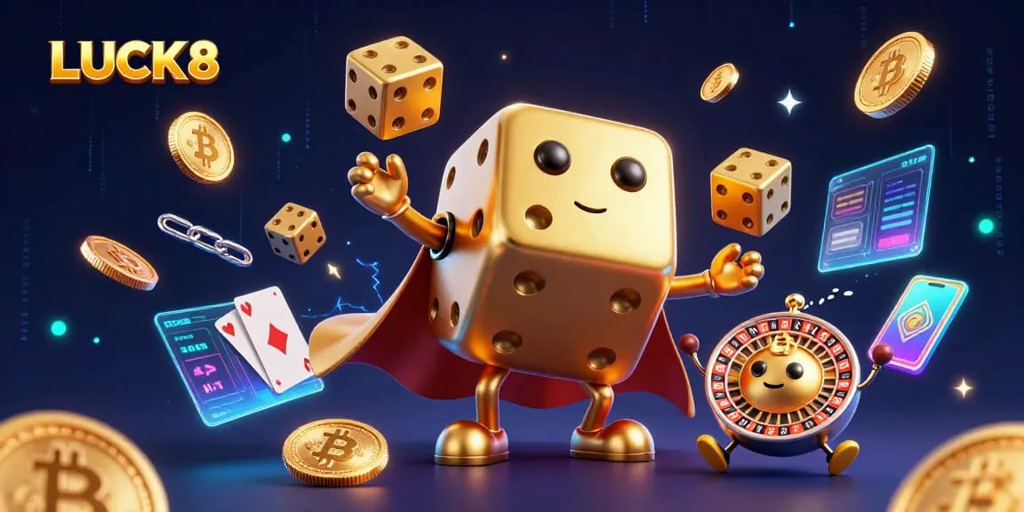 Join the excitement at LUCK8 with golden dice, crypto coins, and dynamic casino elements!