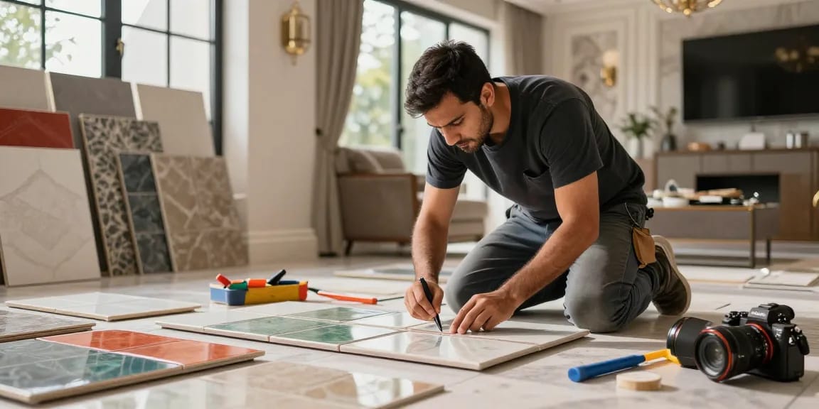 مقاول سيراميك باكستاني يقوم بتركيب سيراميك بأعلى جودة في منزل عصري.