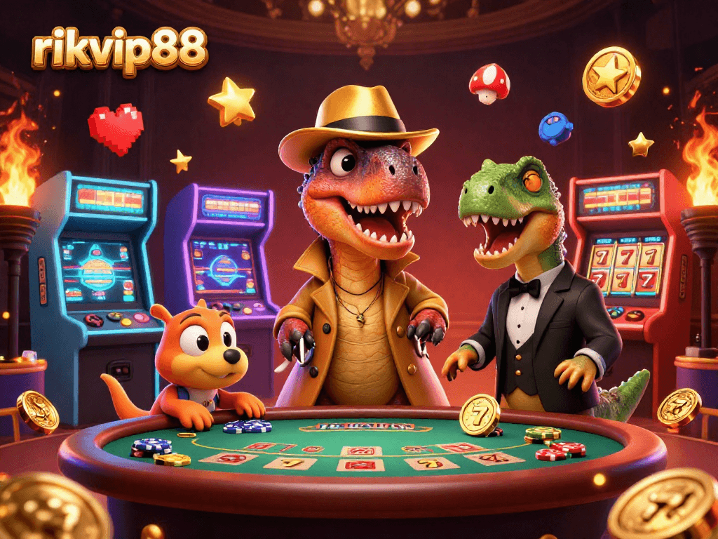 Experience the thrill of rikvip88 with a velociraptor card counter and dazzling casino elements.