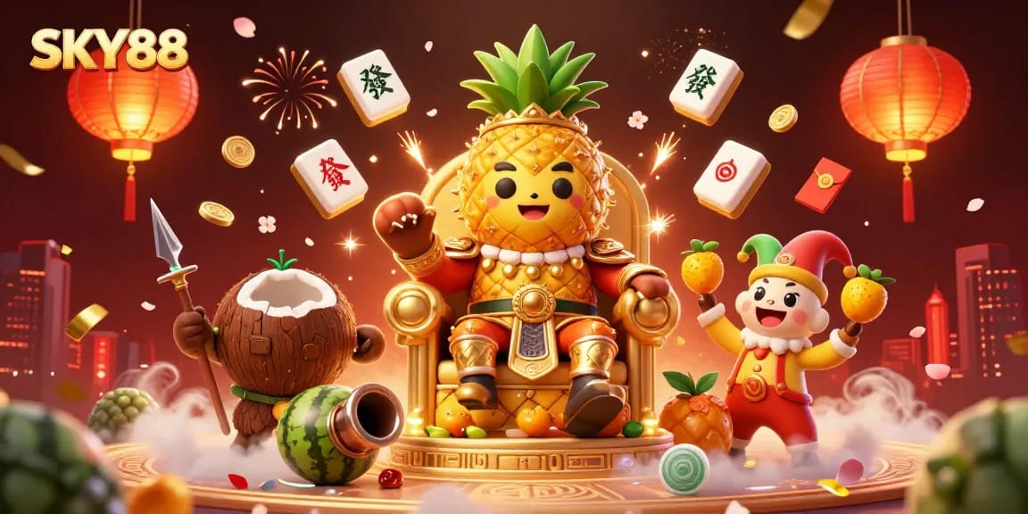 Engage with thrilling SKY88 casino action featuring a golden pineapple king amidst vibrant gambling elements.