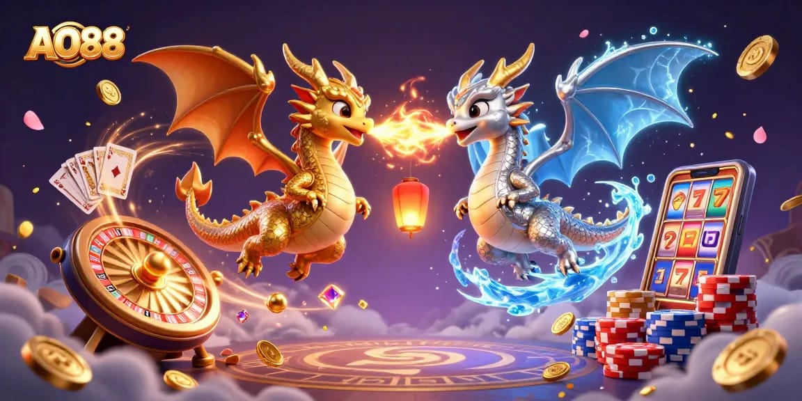 Spin the reels and ignite victories at AO88 with dynamic dragons and vibrant casino scenes.