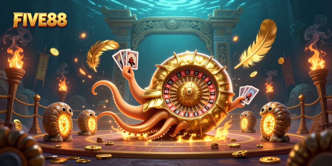 Engage with thrilling games at FIVE88, where vibrant casino elements merge in a dynamic underwater scene.