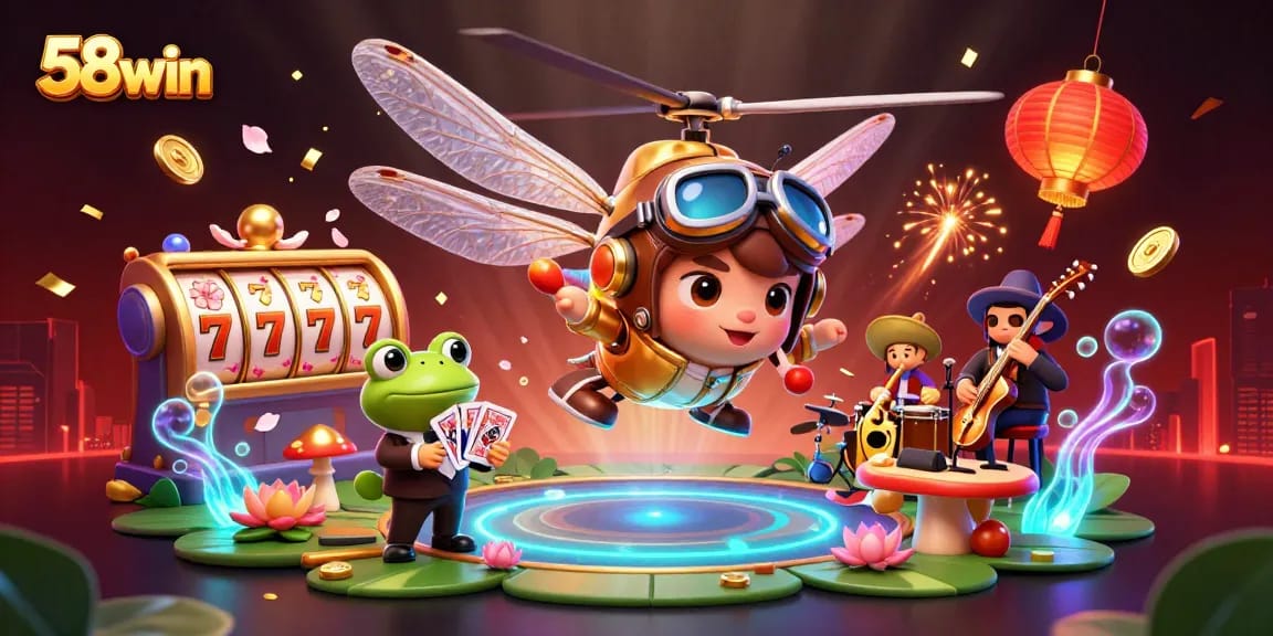 Experience 58win's vibrant casino world as a 3D frog croupier deals cards in a dynamic illustration.