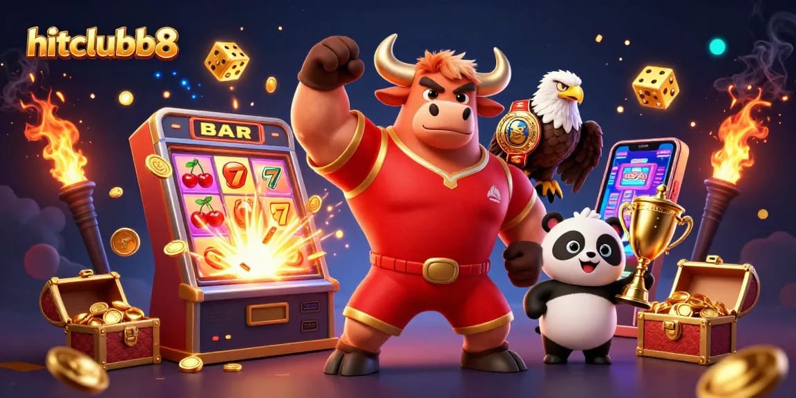 Hitclubb8 showcases a vibrant 3D casino scene with a bull mascot celebrating a jackpot victory.
