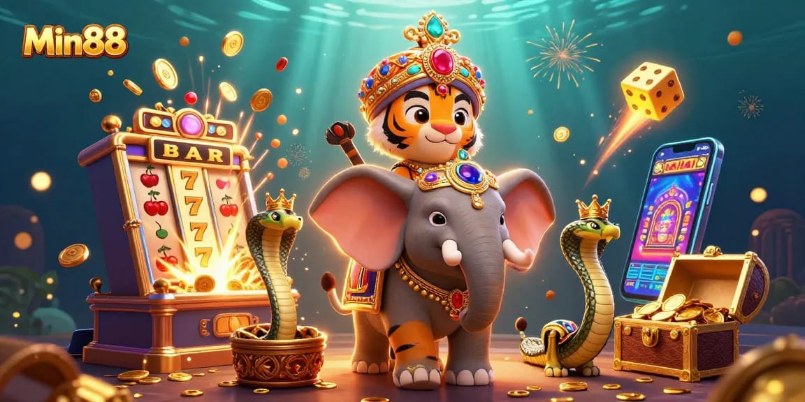 Min88 welcomes players to an exciting casino adventure with vibrant slot machines and animated characters.