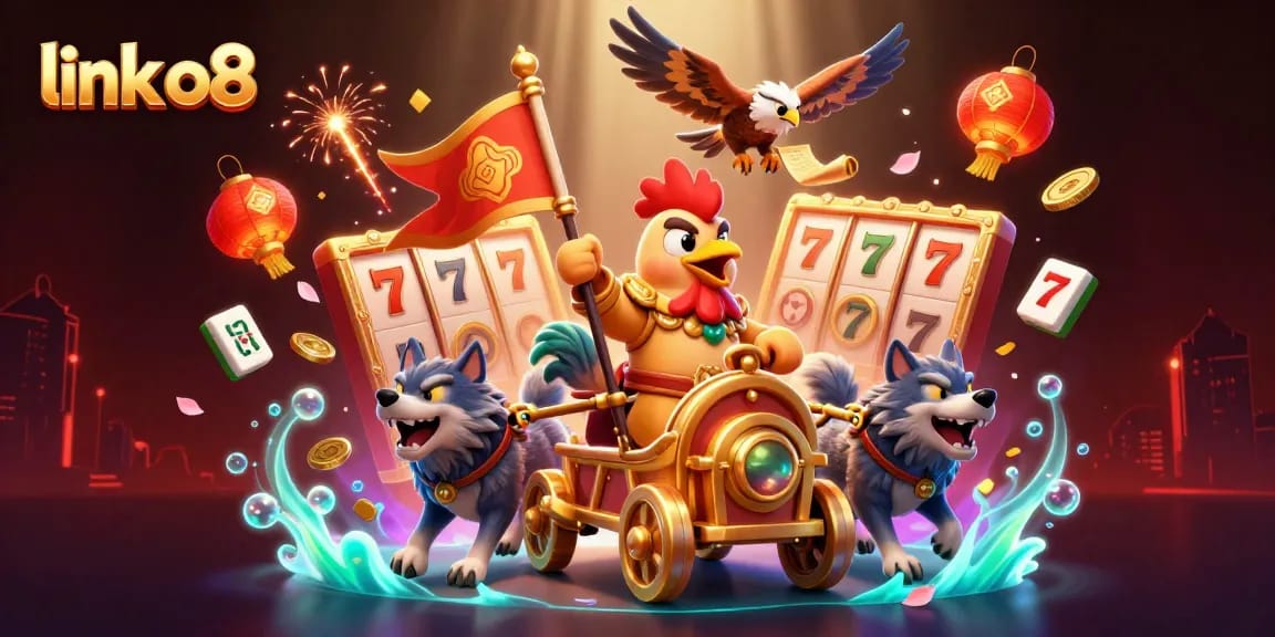 Engage with the thrilling link o8 experience featuring a 3D rooster warlord amidst vibrant casino symbols.