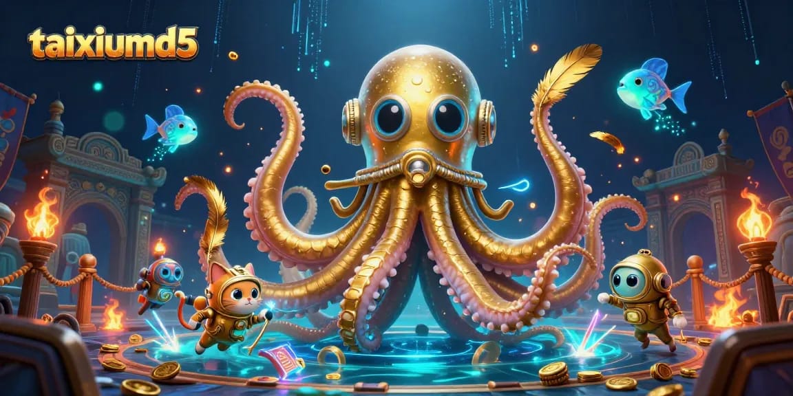 Engage in the thrilling world of taixiumd5 with an illustrated showdown featuring a kraken and a diving cat amidst gold and betting tokens.